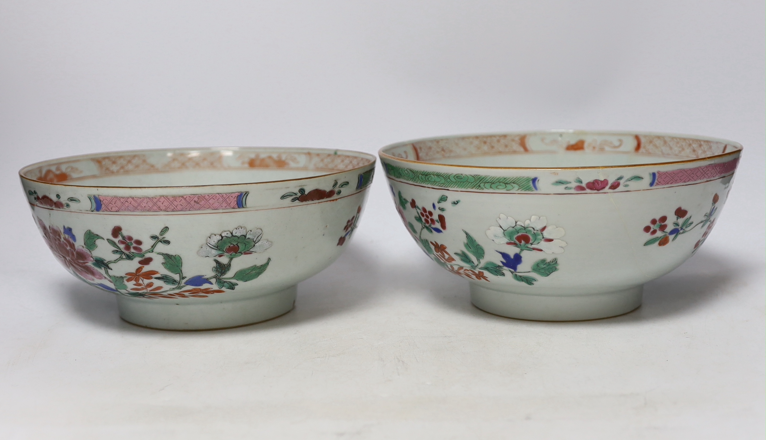 Two 18th century Chinese export famille rose bowls, 23.5cm diameter